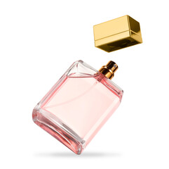 Bottle of perfume in air isolated on white