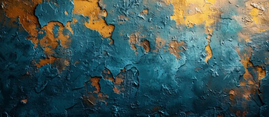 Blue and yellow paint is peeling off the surface of a weathered wall, revealing the layers beneath in a close-up view - obrazy, fototapety, plakaty