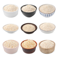 Set of dry barley groats in bowls on white background