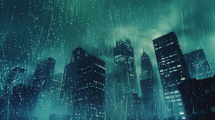 A city skyline during a rainstorm, with water cascading down skyscrapers.
