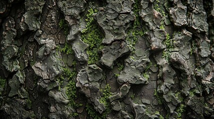 A close-up shot of intricate moss-covered tree bark.