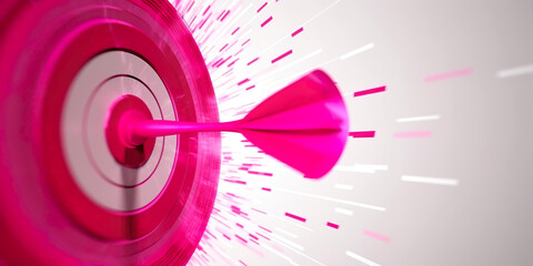 Pink dart on a magenta and white target shooting target,  sensation of speed, movement. Achieve goals