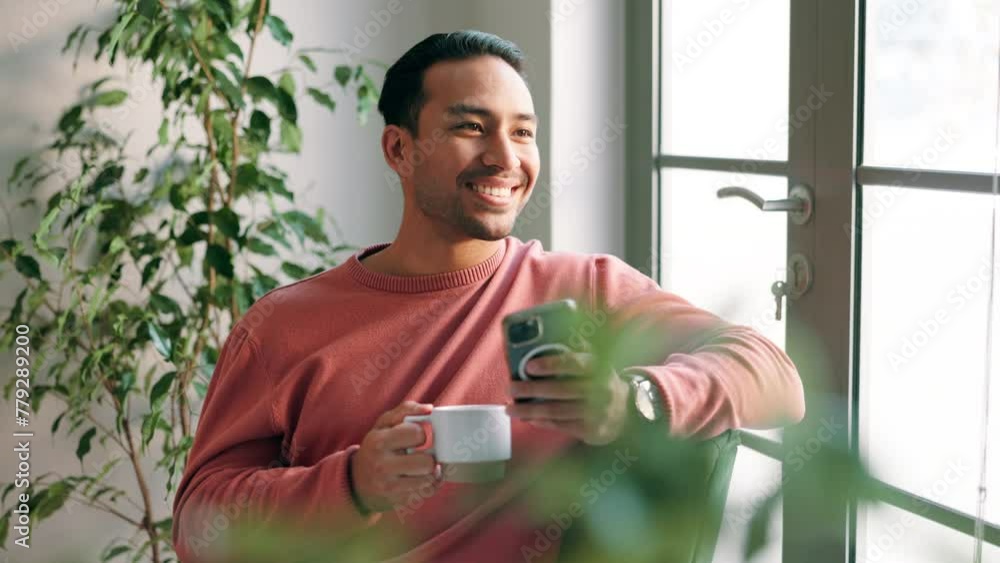Aufkleber smartphone, coffee and man relaxing on sofa for social media, mobile app and browsing internet in li
