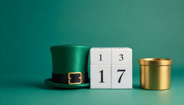 Save the date white block calendar for St Patrick's Day, March 17, with Leprechaun hat and pot of gold, on green background.