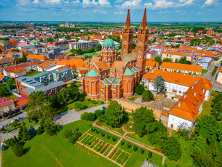 Aerial view of Saint Peter cathedral in Croatian town Djakovo - obrazy, fototapety, plakaty