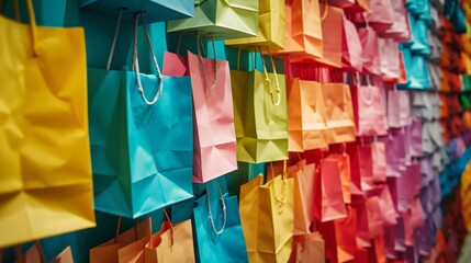 Rows of shopping bags creating a cheerful wall display   AI generated illustration