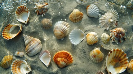 Seashells scattered whimsically across the sandy sea  AI generated illustration