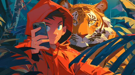 A boy is taking a picture of a tiger in a jungle