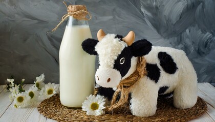 A toy cow or stuffed cow and a bottle of milk.

