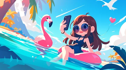 Keuken spatwand met foto A girl is taking a selfie in a pool with a pink flamingo © Wonderful Studio
