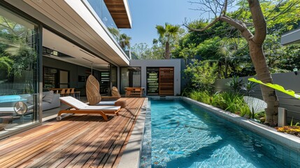Simple yet elegant poolside view with a wooden deck  AI generated illustration