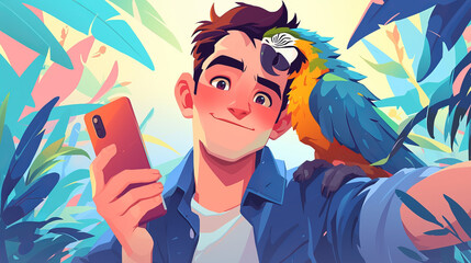 A man is taking a selfie with a parrot on his shoulder