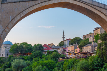 Sunset view of the old Mostar bridge in Bosnia and Herzegovina