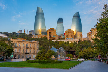 Sunrise view of Flame towers and funicular station of Baku, Azerbaijan