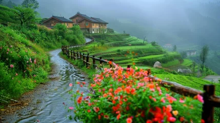 Fototapete Rund yamanoma, a thatched cottage built on a mountain, small vegetable garden, so green., rainy weather, clear image quality, shooting on a hillside, colorful flowers - generative ai © Nia™