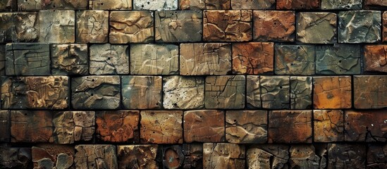 Detailed close up of a wall constructed from wooden blocks featuring elaborate carvings and designs