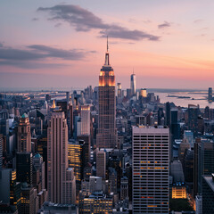 Naklejka premium Sunset Over New York City Skyline with Iconic Skyscrapers