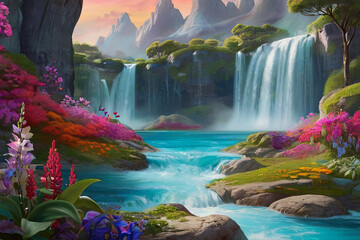Experience the vibrant beauty of a modern fantasy landscape, adorned with surreal floral elements and whimsical waterfalls - obrazy, fototapety, plakaty
