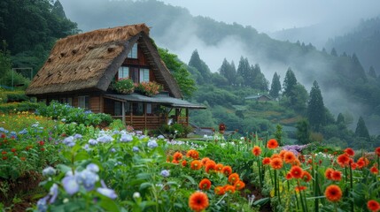 yamanoma, a thatched cottage built on a mountain, small vegetable garden, so green., rainy weather, clear image quality, shooting on a hillside, colorful flowers - generative ai - obrazy, fototapety, plakaty