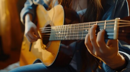 A girl is playing an acoustic guitar, a close-up of her hands and the guitar strings. - obrazy, fototapety, plakaty