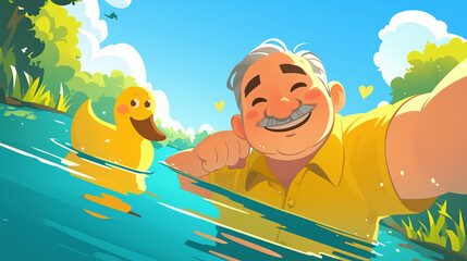 An old man take selfie with the yellow duck