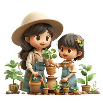 A 3D animated cartoon render of a mother watering plants with her kids.