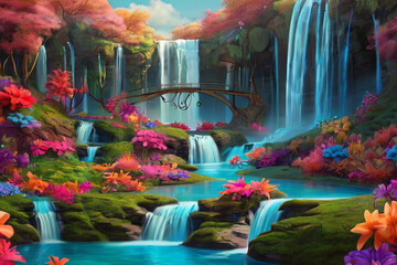 Experience the vibrant beauty of a modern fantasy landscape, adorned with surreal floral elements and whimsical waterfalls