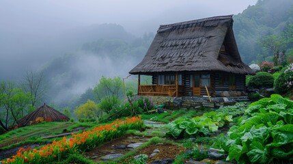 yamanoma, a thatched cottage built on a mountain, small vegetable garden, so green., rainy weather, clear image quality, shooting on a hillside, colorful flowers - generative ai