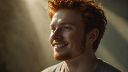 Obraz premium young red head man smiling with bright sunshine rays and copy space from Generative AI