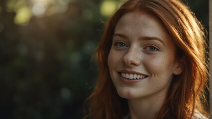 young red head woman smiling with bright sunshine rays and copy space from Generative AI