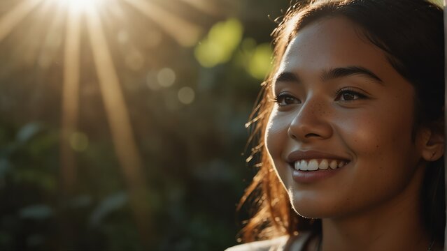 young pacific islander woman smiling with bright sunshine rays and copy space from Generative AI