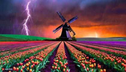 Fotobehang windmill and tulips © Aamir