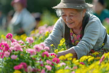 An elderly woman in a hat happily tends a vibrant flower garden, showing the joy of horticulture.Active and Healthy Aging, gardening and hobbies.