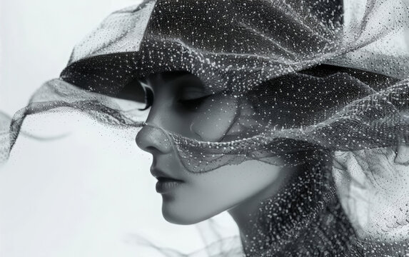 Minimalistic grayscale abstract close-up image of a woman's profile. Silhouette of dots and particles. A beautiful graphic half-tone woman in hat portrait.