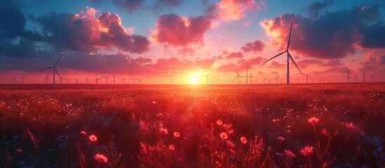 solar power plant and wind generator ith photovoltaic panels and electric turbine at sunset - obrazy, fototapety, plakaty