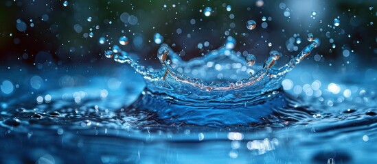 splashing water droplets in blue pool - obrazy, fototapety, plakaty
