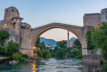 Sunrise view of the old Mostar bridge in Bosnia and Herzegovina
