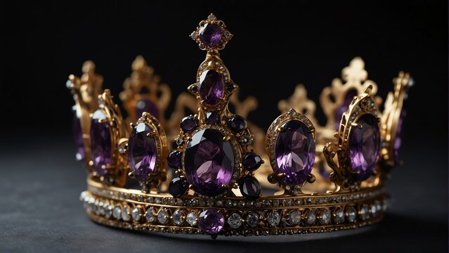 a royal crown with purple amethyst shiny sparkling gemstones on plain black background from Generative AI
