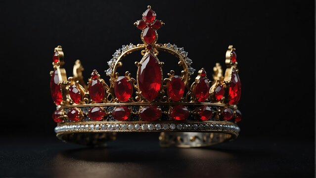a royal crown with red ruby shiny sparkling gemstones on plain black background from Generative AI