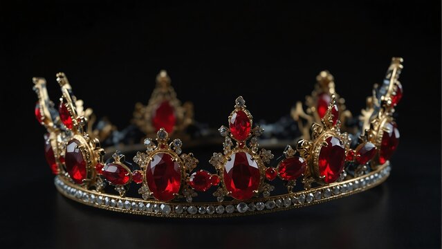 a royal crown with red ruby shiny sparkling gemstones on plain black background from Generative AI