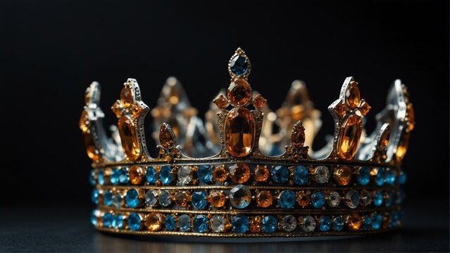 a royal crown with topaz shiny sparkling gemstones on plain black background from Generative AI