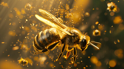 A large bee covered in pollen flies for honey. close shooting. bee on a flower. - 779294803