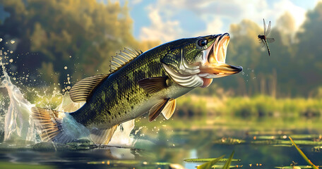A largemouth American bass leaps out of the water after a dragonfly. The wild perch attacks.