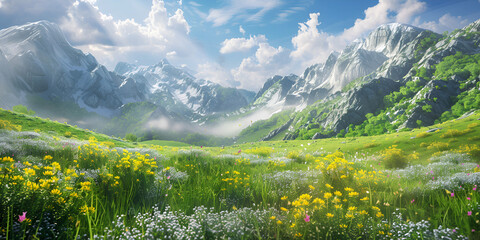 Pastoral landscape alpine meadow with flowers and mountains a painting of a mountain landscape with a field and mountains in the background.AI Generative - obrazy, fototapety, plakaty
