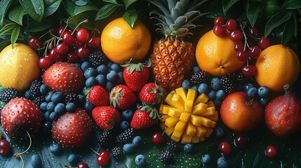 There are a variety of tropical fruits and mixed berries in this image, topped with syrup and juice. Watermelon, banana, pineapple, strawberry, orange, mango, blueberry, cherry, raspberry, papaya. A - obrazy, fototapety, plakaty