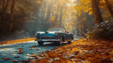 Fall Foliage Journey in a Classic Convertible./n