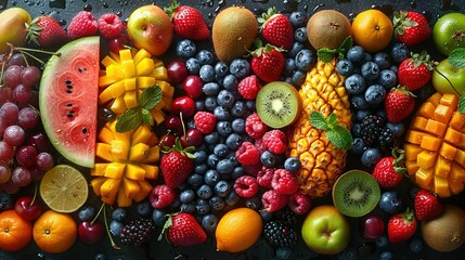 There are a variety of tropical fruits and mixed berries in this image, topped with syrup and juice. Watermelon, banana, pineapple, strawberry, orange, mango, blueberry, cherry, raspberry, papaya. A