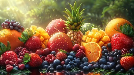 There are a variety of tropical fruits and mixed berries in this image, topped with syrup and juice. Watermelon, banana, pineapple, strawberry, orange, mango, blueberry, cherry, raspberry, papaya. A