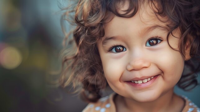 A portrait of a child with a playful expression. Her eyes are twinkling and her lips are curled into a smile. She is mischievous and fun-loving.