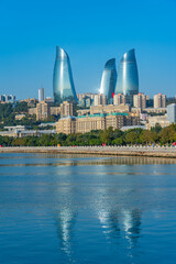Flame towers domainating the skyline of Baku, Azerbaijan